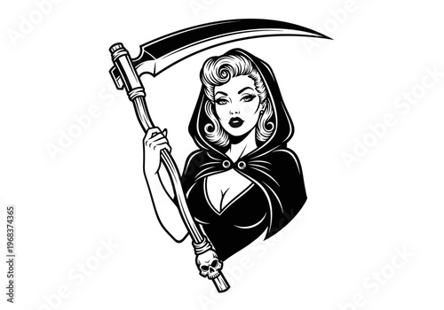 Vintage Pin-up Lady Death Illustration, Sexy Female Grim Reaper Holding Scythe, Gothic Tattoo Design Vector Art