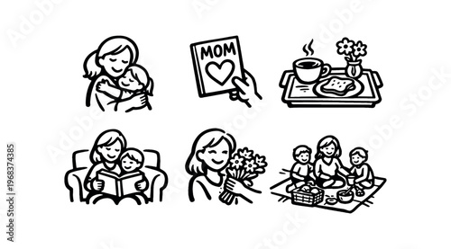 Six black family and motherhood icons including a mother hugging a child, a mom card, breakfast tray, parent reading with children, bouquet, and family picnic.