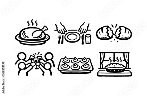 A group of black outline icons showing a roast chicken on a platter, place setting, bread, people toasting, muffins and a pie on a windowsill.