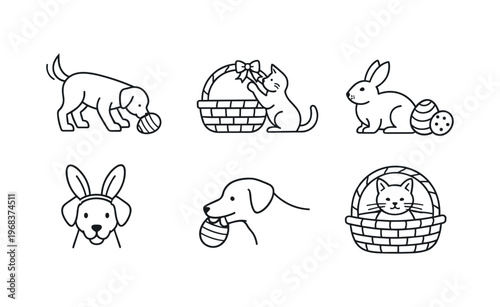 Line icons of pets for easter including dogs playing with eggs, a cat in a basket and a rabbit with decorated eggs under the title pets at easter.