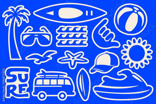 Retro Beach Fun Activities Sticker Icon Set, Vintage Tropical Summer Vibes Flat Vector Illustrations with Palm Tree, Kayak, Volleyball, for T-Shirt Prints, Posters, Scrapbook, Coastal Designs