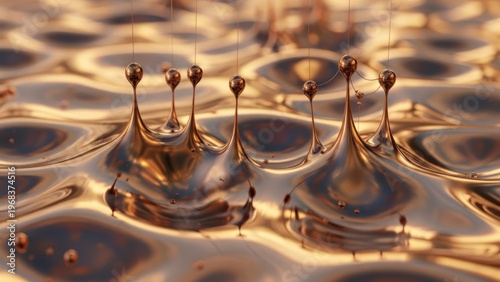 Abstract illustration of liquid droplets suspended above a reflective golden surface with artistic lighting and textures