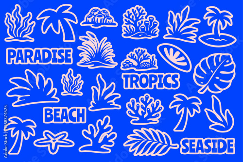 Tropical Beach Nature Icon Set, Summer Coastal Flat Vector Illustrations with Palm Trees, Coral, Monstera Leaf, Seaweed, Starfish for T-Shirt Prints, Posters, Apparel, Coastal Designs