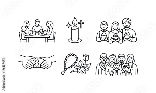 A set of interfaith easter icons showing families, a candle with cross, a handshake with bread, rosary and flowers in black and outline styles.