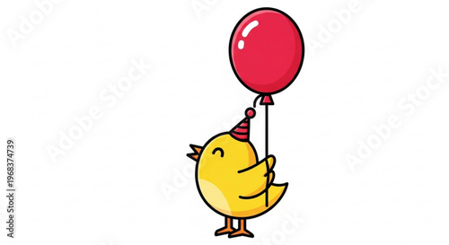 A cheerful yellow chick holds a bright red balloon with a string