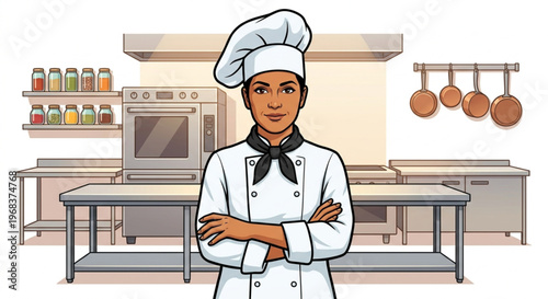 Latina Female Chef with Arms Crossed Standing in Modern Kitchen Vector