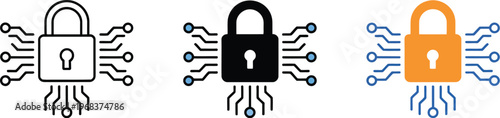 Cybersecurity padlock icon set, black and white vector illustrations representing data protection network security and digital privacy for IT and software design.