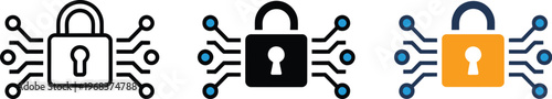 Cybersecurity padlock icon set, minimalist icons depicting secure access encryption and digital privacy for cybersecurity, network, and technology graphics.
