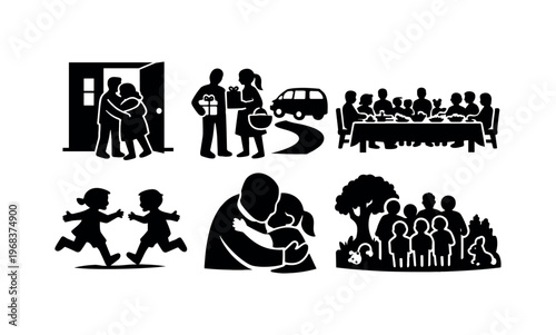 Black silhouette icons showing a family greeting at a door, relatives arriving with baskets and a car, a large group seated at a long table, children running, a parent hugging a child, easter reunion.