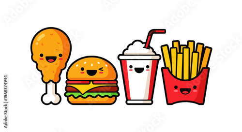 Cartoon fast food meal smiling faces.