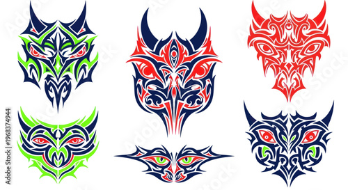Colorful tribal tattoo designs face masks.