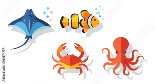Sea creatures including crab and fish.