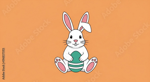 A charming white rabbit delicately holds a green and yellow easter egg