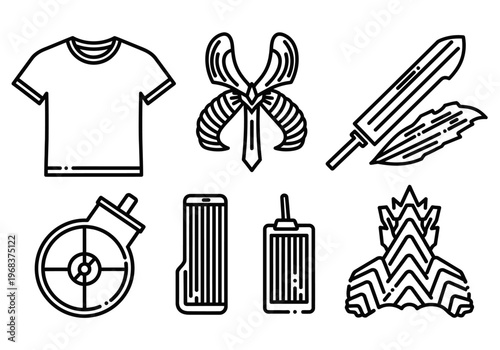 Gaming and Adventure Vector Line Icons Set: T-shirt, Sword, Helmet, Target, and Equipment Icons for Web and UI Design
