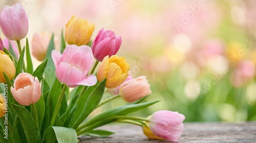 Soft pastel tulips in a bouquet on a wooden surface with a blurred spring background
