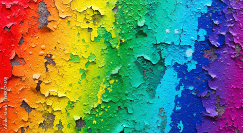 Vibrant rainbow-colored peeling paint on a textured wall background