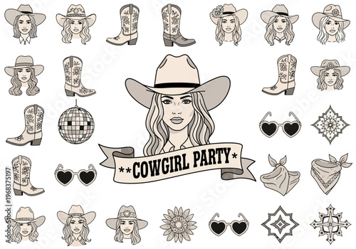 Cowgirl Party Clipart Set: Western Bachelorette Nashville Aesthetic Illustrations with Cowboy Boots, Hats, Disco Ball, and Heart Sunglasses - Hand Drawn Vector Graphics