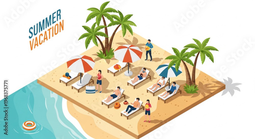Isometric illustration of a lively beach scene with people relaxing on lounge chairs under colorful umbrellas and palm trees, conveying a joyful summer vacation mood