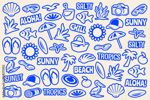 Tropical Summer Beach Holiday Icons Seamless Pattern, Background, Retro Hand-Drawn Vacation Fun Flat Vector Doodle Illustration for Textile, Wallpaper, Wrapping, Banner, Web, Print and Advertising Des