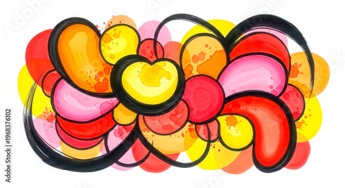 Vibrant abstract colorful background with swirling shapes and black outlines