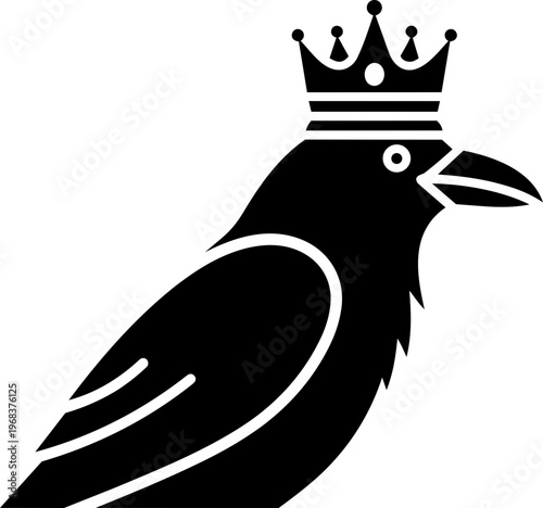 Minimalist Black Raven with Royal Crown Vector Illustration - Majestic Bird King Graphic Symbol for Creative Logo Design and Branding