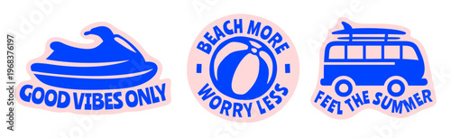 Retro Summer Beach Sticker Pack with Jet Ski, Volleyball, Surf Van, Vintage Bold Travel Vector Flat Illustrations Set for t-shirt prints, beachwear design, summer logo, and coastal branding