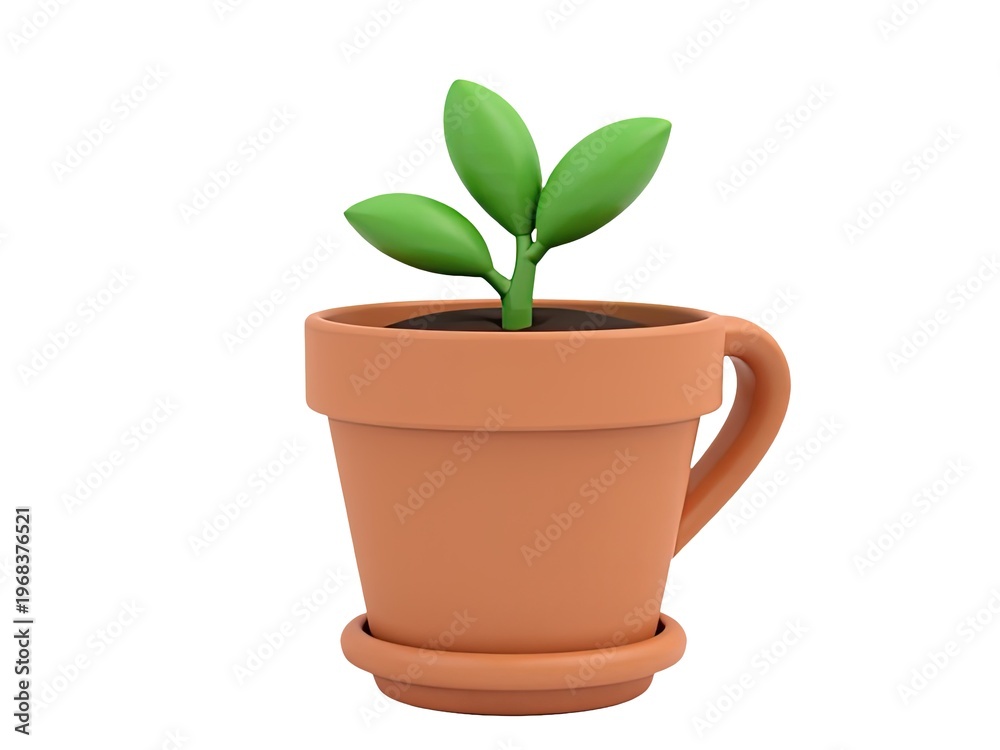 Fototapeta premium A small plant growing in a clay pot placed on a white surface