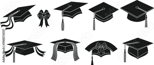 Black silhouette illustration of eight graduation caps with tassels, decorated mortarboards featuring ribbons and bows, academic achievement celebration artwork for education success