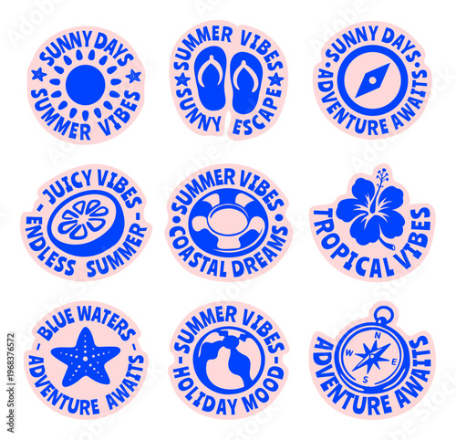 Retro Summer Beach Rounded Sticker Pack with Flip Flops, Compass, Rescue Ring, Citrus, Hibiscus, Starfish, Volleyball, Vintage Bold Tropical Vector Flat Illustrations Set for t-shirt prints, beachwear