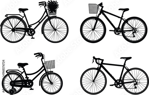 Black silhouette illustration of four bicycles including commuter bike with basket, road racing bike, leisure cycle with flowers, and utility design artwork