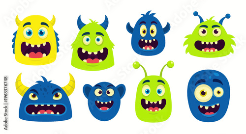 Colorful cartoon monster faces smiling.