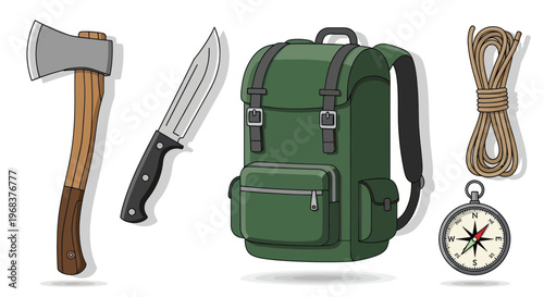 Green backpack with hiking gear accessories.