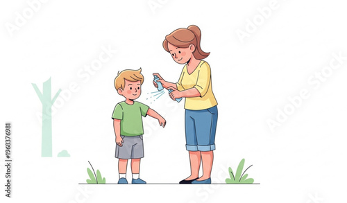 Mother Applying Bug Spray to Child Protection Care Vector Illustration