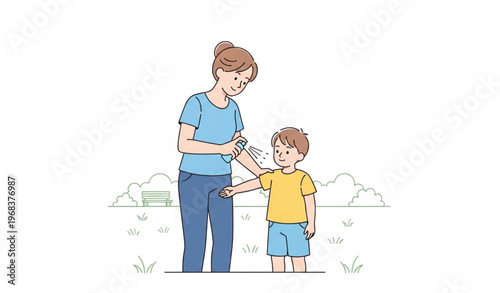 Mother Applying Bug Spray to Child Protection Care Vector Illustration