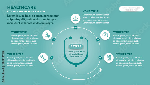 Medical business presentation slide template with stethoscope circular 5 steps checklist - modern minimalist design with line icons in flat style