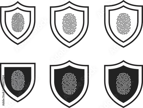 Data security icon set, vector collection featuring fingerprint padlock shield protection symbols safety lock marks and secure authentication concepts in clean modern flat design.
