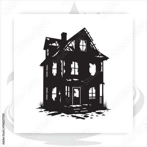 Spooky silhouettes of desolate landscapes with haunted houses dead trees and abandoned ruins,