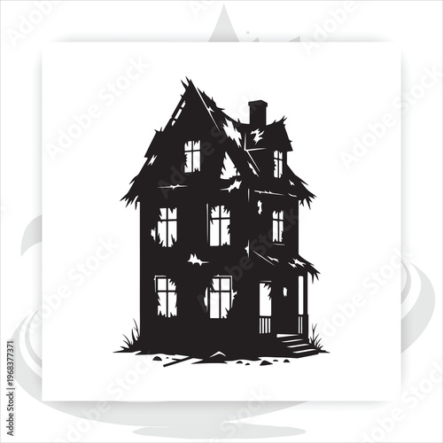 Spooky silhouettes of desolate landscapes with haunted houses dead trees and abandoned ruins,