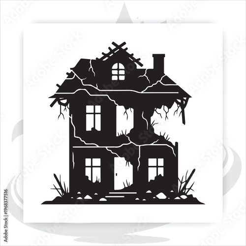 Spooky silhouettes of desolate landscapes with haunted houses dead trees and abandoned ruins,