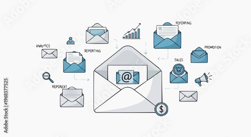 A vector graphic illustration of an email concept with envelopes and icons surrounding a central envelope with an at symbol. in white background.