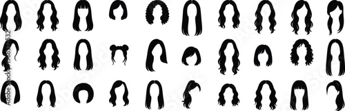 Women Hairstyle Silhouette Collection with  Different Long and Medium Hair Designs Black Icons