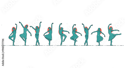 A graceful sequence of teal ballet dancer silhouettes, showcasing various elegant poses and fluid motion, perfect for illustrating artistic expression and active lifestyles.