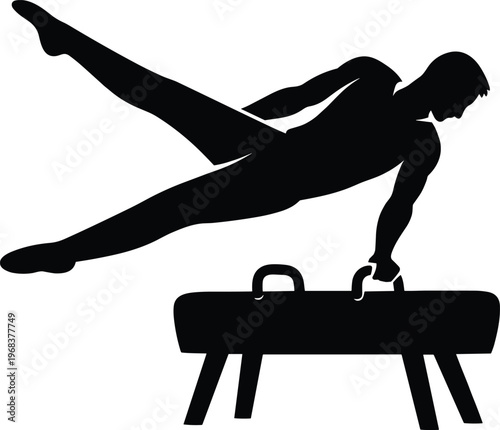 Gymnast silhouette performing pommel horse exercise demonstrating strength balance and control isolated on white background artistic gymnastics sport training and athletic performance concept