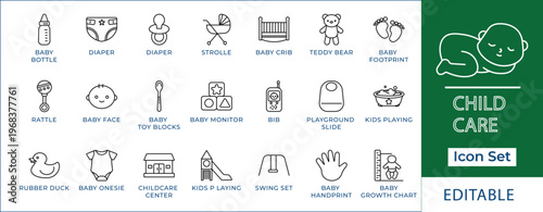 Baby care and newborn essentials line icon set featuring baby bottle, diaper, stroller, crib, teddy bear, toy blocks, bib, childcare center, and kids playground symbols