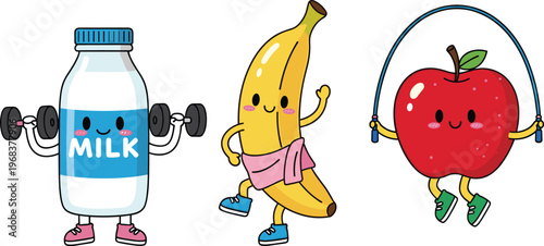 Cartoon illustrations of healthy foods exercising, milk lifting dumbbells, banana jogging, apple jumping rope, fun nutrition lifestyle fitness concept illustration