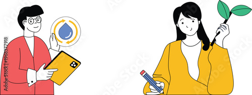 Two people discussing sustainable water conservation and environmental education with modern tools and nature elements