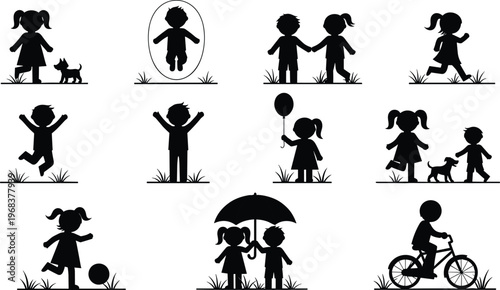 Children silhouettes playing outdoors with dog, bicycle, ball, umbrella, balloon, jump rope, friendship, fun, happiness, carefree lifestyle, nature illustration