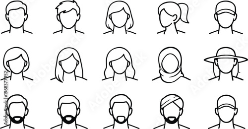 Set of avatar faces line icons showing diverse people hairstyles and appearances isolated on white background user profile characters and identity concept illustration collection