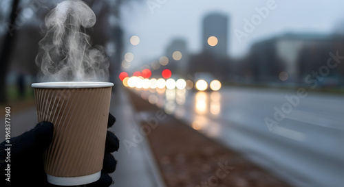 Hand holding a steaming cup of coffee on a rainy city street warm beverage concept for cold weather blurred background with traffic lights