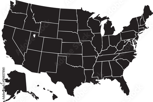 United States map with state borders, black silhouette USA vector map, detailed American geography chart for educational infographics and travel data